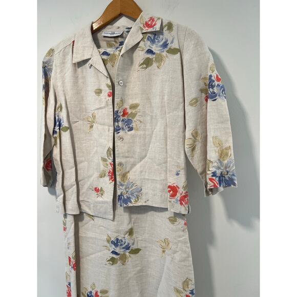 Marisa Christina 100% Linen 2 Piece Dress Jacket Cream Pink Blue Floral Small JL - Picture 2 of 12